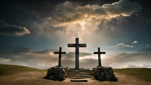 Cross on the hill with clouds moving at sunrise. Celebrate Easter: Uplifting Background Video (Looping) New Life in Christ: Seamless Easter Motion Background