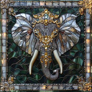 Stained glass art showing images of Thai elephants, combined with luxury and beauty, decorated with gold and flowers.