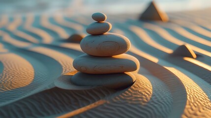 Zen stones balance in sunset light on sandy beach. tranquility and harmony concept artistic photo. beautiful natural design and serenity. AI