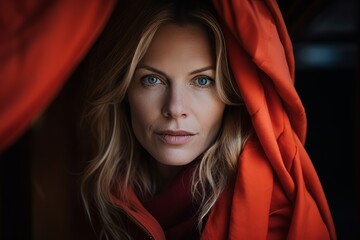 Closeup portrait of a beautiful blonde woman in a red coat.