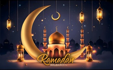 Happy Ramadan wallpapers, greeting cards, posters, entertainment covers. Ramadan design with beautiful moon lanterns, modern style, dark background, Ramadhan kareem background design. Generative Ai