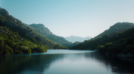 Lago sereno em meio a montanhas verdes cercado por céu azul  Luz suave em tons frios