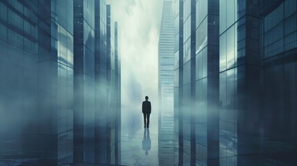 Solitary Figure Amidst Misty Urban Canyons. A lone individual stands before the engulfing fog and towering skyscrapers, a metaphor for business challenges or contemplation.