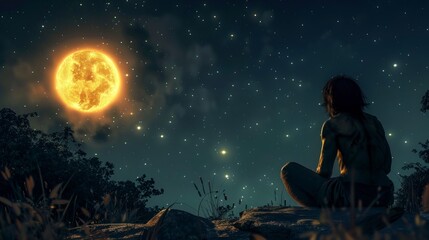 Fototapeta na wymiar caveman observing a yellow star on a starry night