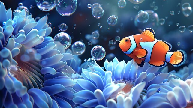 Vibrant clownfish exploring coral reefs, captured in vivid colors. perfect for educational and decorative use. AI