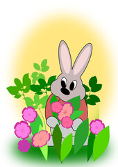 A rabbit standing in a flower garden holding a bouquet of flowers
