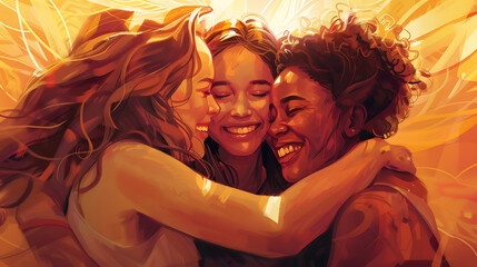 A group of diverse women in a joyful hug, with smiles and laughter. International Women's Day