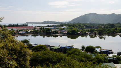 Fototapeta na wymiar Scenic landscape view overlooking tasitolu wetland saline lakes catchment area in the capital city of Dili, Timor-Leste, Southeast Asia