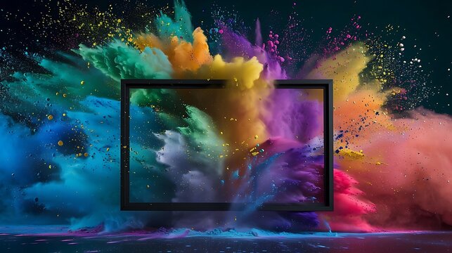 
Black Product display frame with colorful powder paint explosion. Holi festival in India