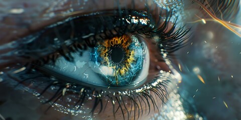 Close-up of human eye with vivid colors, reflections and lashes. captivating and detailed macro shot. suitable for health and beauty themes. AI