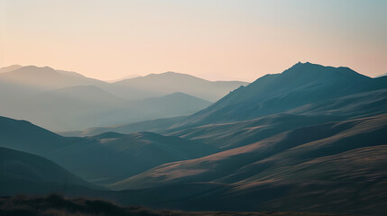 Paisagem tranquila de montanha ao pôr do sol com sol dourado lançando sombras longas por toda a paisagem agreste