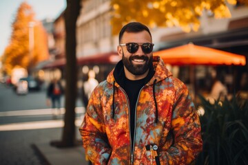 Portrait of a handsome bearded man in a yellow jacket and sunglasses on the background of the autumn city.