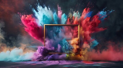 Brown Product Display Frame with Colorful Explosion of Powder Paint. Holi festival in India world art day