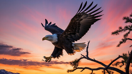 Naklejka premium A bald eagle gracefully descending to land on a sturdy branch with the vibrant colors of the sky serving as a stunning backdrop