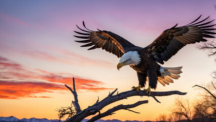 Fototapeta premium A bald eagle gracefully descending to land on a sturdy branch with the vibrant colors of the sky serving as a stunning backdrop