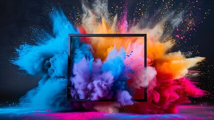 Black Product display frame with colorful powder paint explosion. Holi festival in India