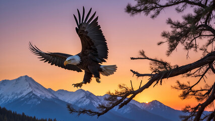 A bald eagle gracefully descending to land on a sturdy branch with the vibrant colors of the sky serving as a stunning backdrop