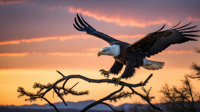 A bald eagle gracefully descending to land on a sturdy branch with the vibrant colors of the sky serving as a stunning backdrop