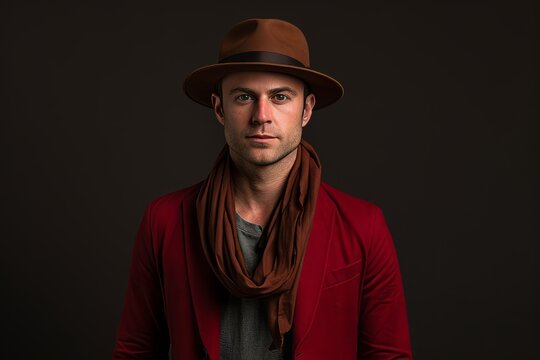 Handsome man wearing a red coat and hat on a dark background