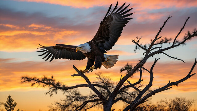 A bald eagle gracefully descending to land on a sturdy branch with the vibrant colors of the sky serving as a stunning backdrop