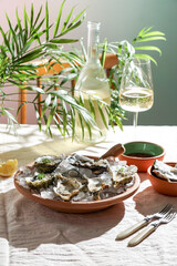Fresh oysters with lemon on a ceramic  tray on a pale pink linen tablecloth. Hot summer day, picnic...