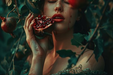 Persephone's Fateful Bite: Delving into the Myth of the Greek Goddess Consuming the Pomegranate Seeds, Binding Her to the Underworld and Shaping the Seasons. - obrazy, fototapety, plakaty