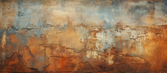 A close-up view of a rusted metal wall featuring a distinct brown and blue patterned surface. The rust texture adds character and depth to the wall, creating a unique visual appeal.