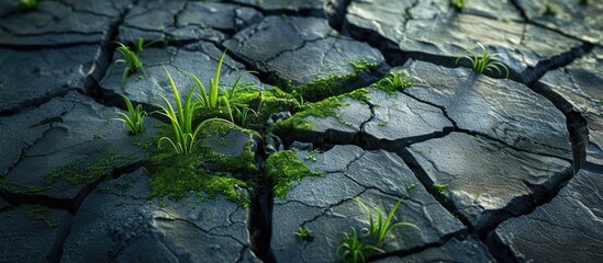 A plant defying odds, growing through a crack in the ground, showcasing the resilience and tenacity of nature in challenging environments.