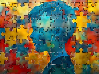 Silhouette of a boy hidden behind a colorful puzzle pattern. Concealed identity: person behind puzzle