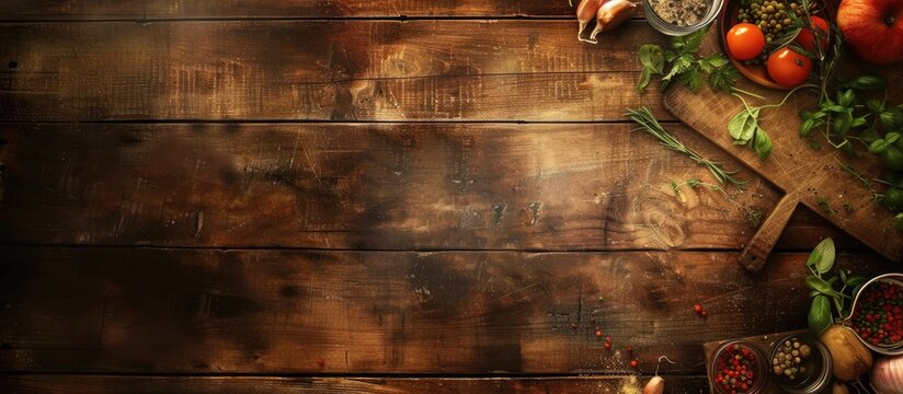 A top view of a rustic wooden table covered with an array of fresh vegetables and a cutting board. This image is ideal for cooking, Italian food, healthy eating, and vegetarian concept themes.