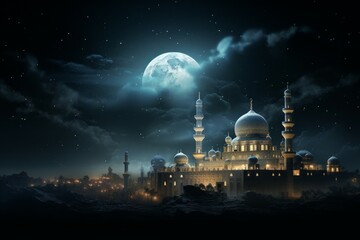 Fototapeta premium Resplendent Mosque evening sky moon. Light ramadan. Generate Ai