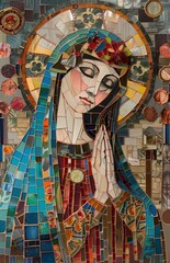Mosaic of the virgin Mary in prayerful pose. Artistic mosaic depiction of the virgin Mary with hands clasped in prayer