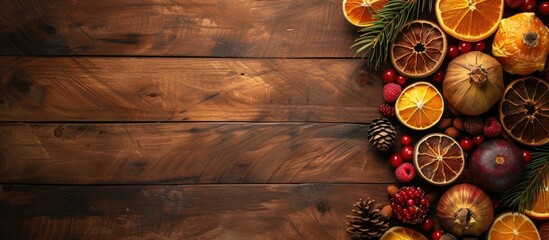 A wooden table is adorned with vibrant oranges and rustic pine cones. The arrangement promotes a healthy lifestyle with the inclusion of dried fruits on a natural backdrop. - Powered by Adobe