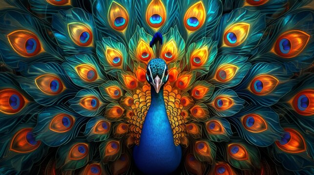 Stained glass art depicts a peacock showing off the colorful patterns and beauty of its feathers.