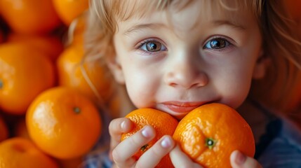 Fototapeta na wymiar Child among citrus fruits healthy tangerines and oranges generative ai