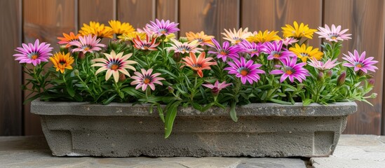 Fototapeta na wymiar A planter filled with a variety of colorful flowers, including Gazania linearis, also known as treasure flowers, in full bloom. The vibrant blossoms create a lively and colorful display.