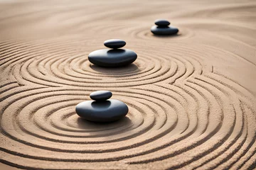 Photo sur Aluminium Pierres dans le sable Feng Shui pebbles, Zen garden stones, and sand represent the concept of balance, harmony, and relaxation.