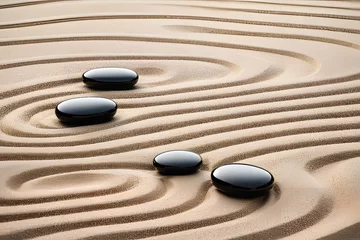 Photo sur Plexiglas Pierres dans le sable Feng Shui pebbles, Zen garden stones, and sand represent the concept of balance, harmony, and relaxation.