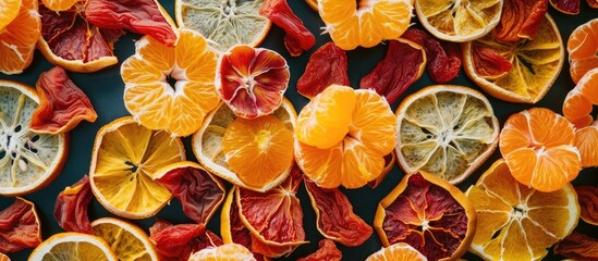 A bunch of oranges has been cut in half and neatly arranged on a wooden table. The vibrant orange...