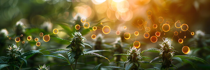 Ripe inflorescences of cannabis plants on plant on farm, Chemical Formula Marijuana CBD THC Concepts - obrazy, fototapety, plakaty