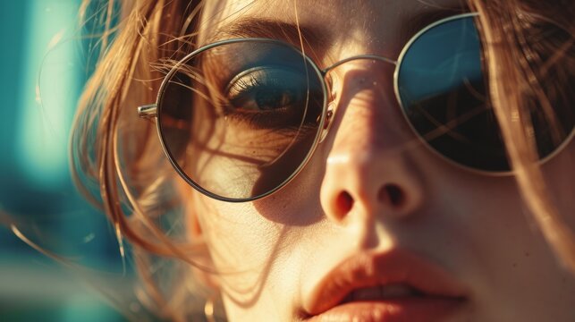 Closeup view of young woman in stylish sunglasses generative ai