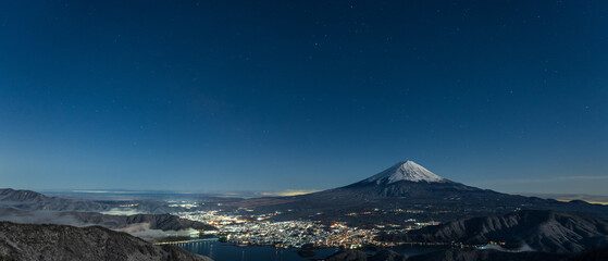 Panoramic view of Mt. Fuji and Lake Kawaguchi in the moonlight.