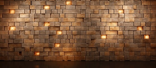 A brown brick wall is illuminated by lights that cast shadows and highlight the texture of the bricks. The lights create a decorative mosaic pattern on the wall, adding depth and dimension.