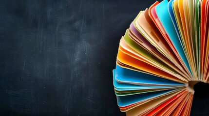 A rotating card index, filled with cards and divided with multicolored tabs. cropped at right side of frame. A black chalkboard background provides copy space to the left. - obrazy, fototapety, plakaty