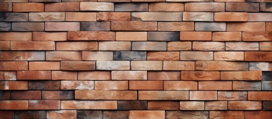 A close-up view of a brick wall made entirely of small bricks, displaying a textured background illuminated by the noonday light. The bricks are tightly arranged,