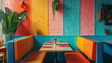 Colorful Dining table in cafe restaurant retro vintage 1980 style interior generative ai