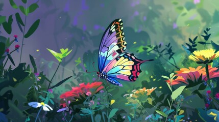 Colorful butterfly illustration, delicate and vibrant, fluttering in a garden generative ai