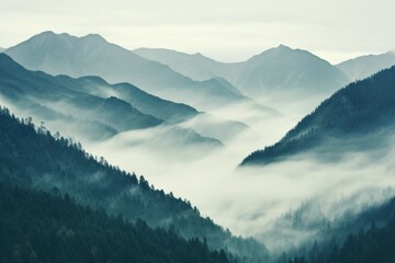 Fototapeta na wymiar Eerie Mountain foggy view. Mist hill. Generate Ai