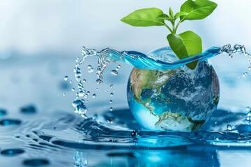 Earth globe surrounded by clean water and growing leaves on blue.