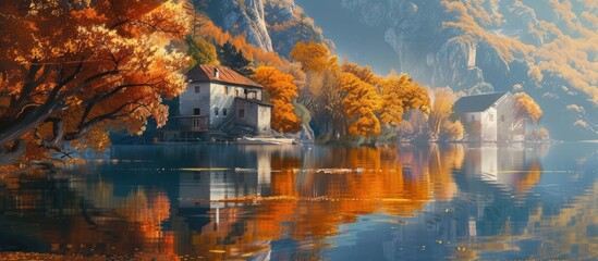A painting depicting a house positioned on the edge of a serene lake, with towering mountains in the background. The scene captures the beauty of nature with the elements of a house, water, and - obrazy, fototapety, plakaty